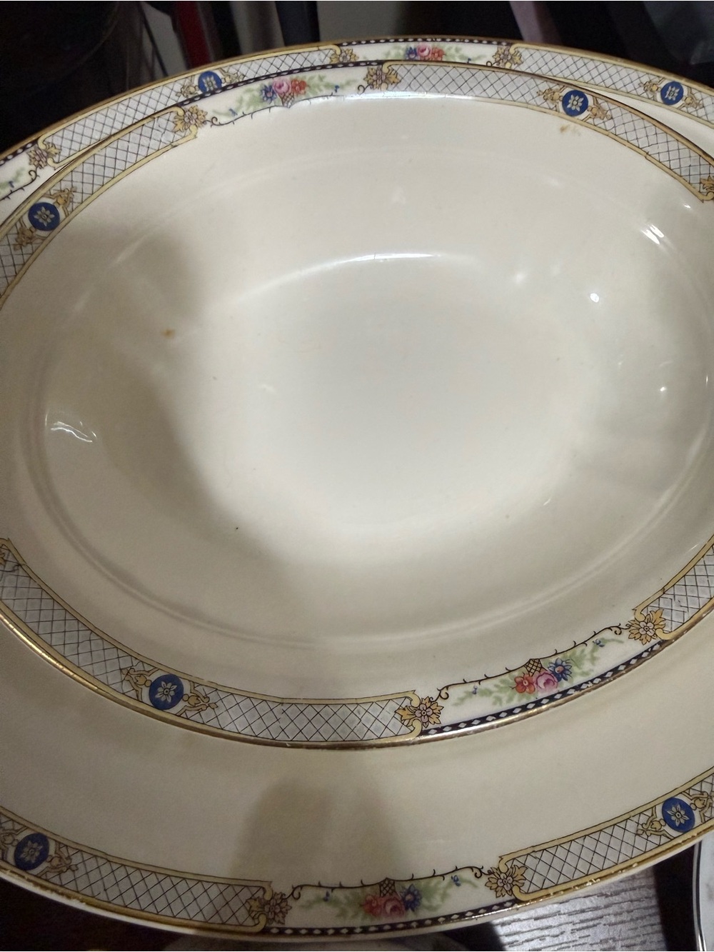Elegant Floral-Gold Rim Porcelain Serving Bowl - Cream